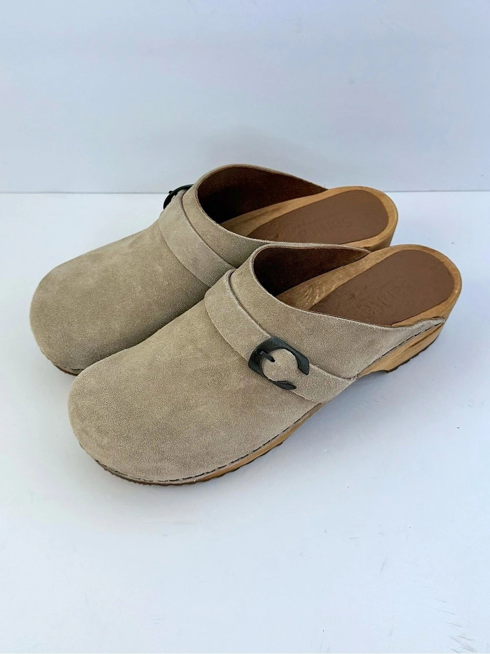 Sanita Hedi Beige Suede Wood Clogs EU 39 Like New